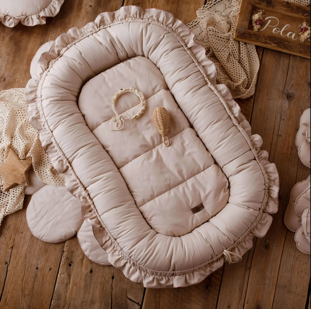 oreiller bébé portable coton doux velours frange beige confortable vintage chambre