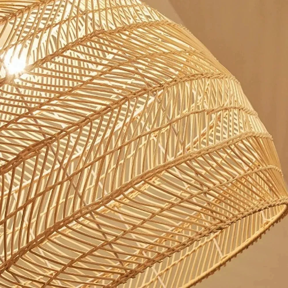 suspension moderne rotin naturel tissage géométrique chaîne métallique salon chambre restaurant