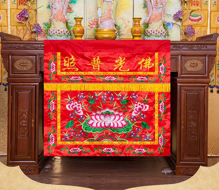 décoration autel bouddhiste tissu brodé fleurs caractères chinois franges traditionnel 100cm