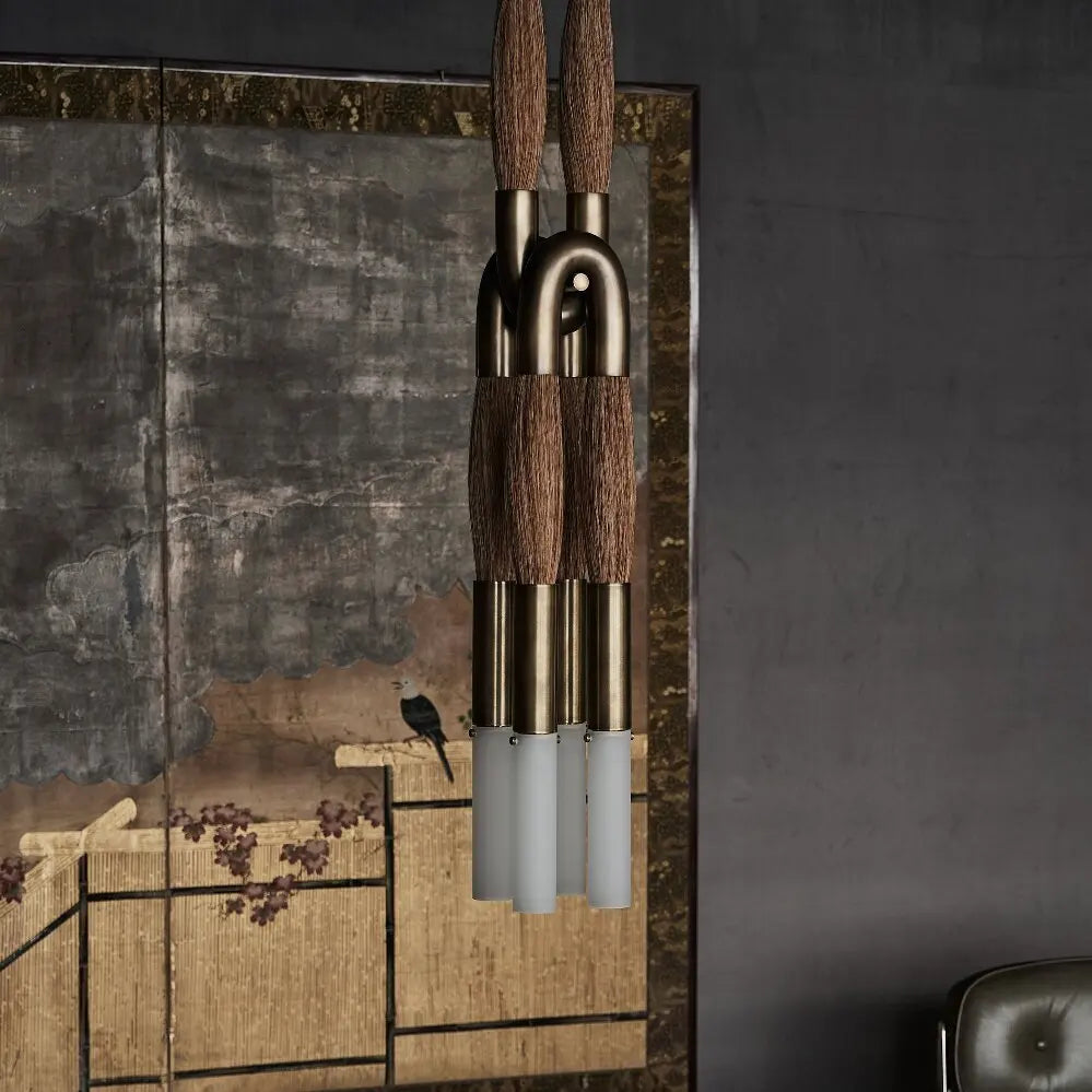 lampe suspension moderne verre bois structure métal noir salon chambre