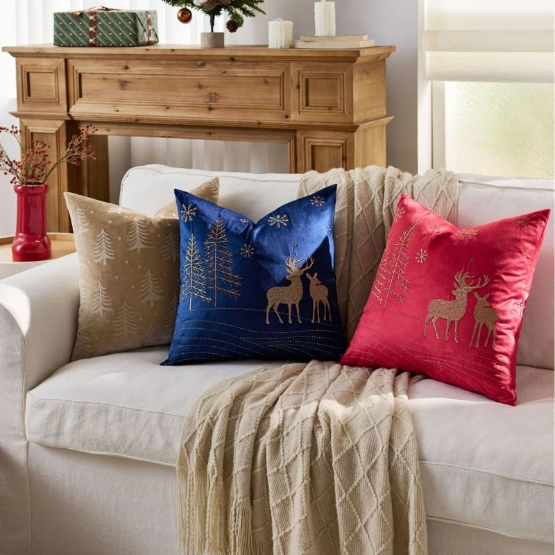 housse coussin brodée rennes noël traditionnelle décorative coton polyester gris beige vert bleu rouge