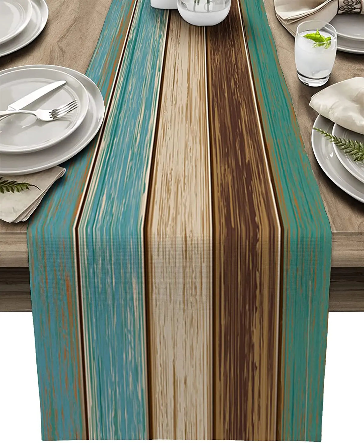 chemin table moderne rayures horizontales bleu beige marron décor cuisine maison textile polyester