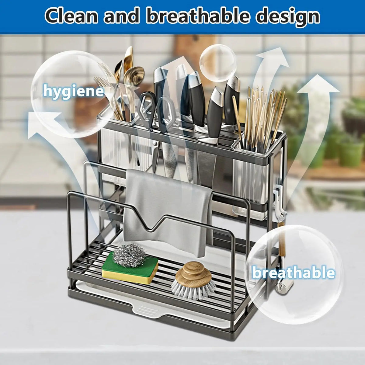 rangement cuisine mural gris moderne porte ustensiles acier inoxydable planche découper couteaux bambou minimaliste