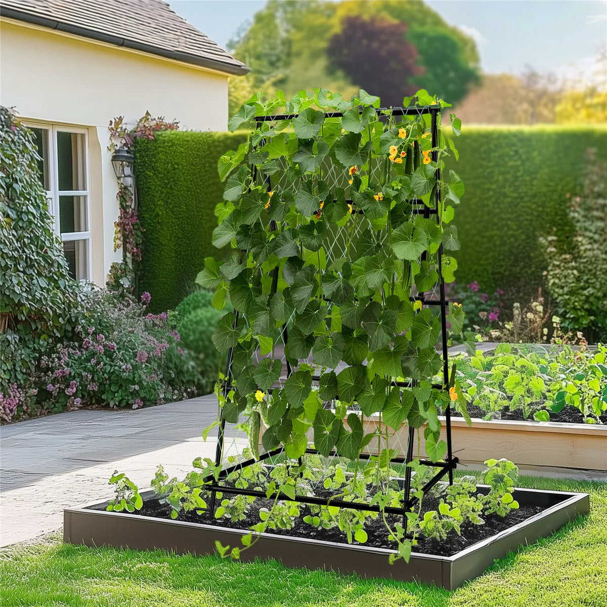 grille support végétaux noire réticulée moderne pieds pliants extérieur jardin treillis métal