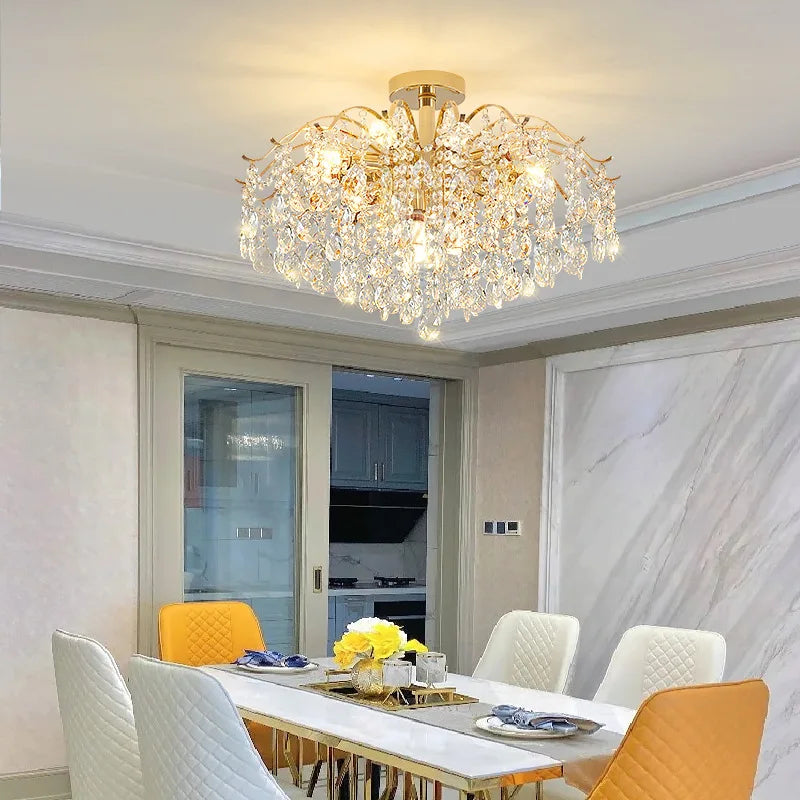 chandelier moderne crystal or led lumiere salle blanche bleue élégante