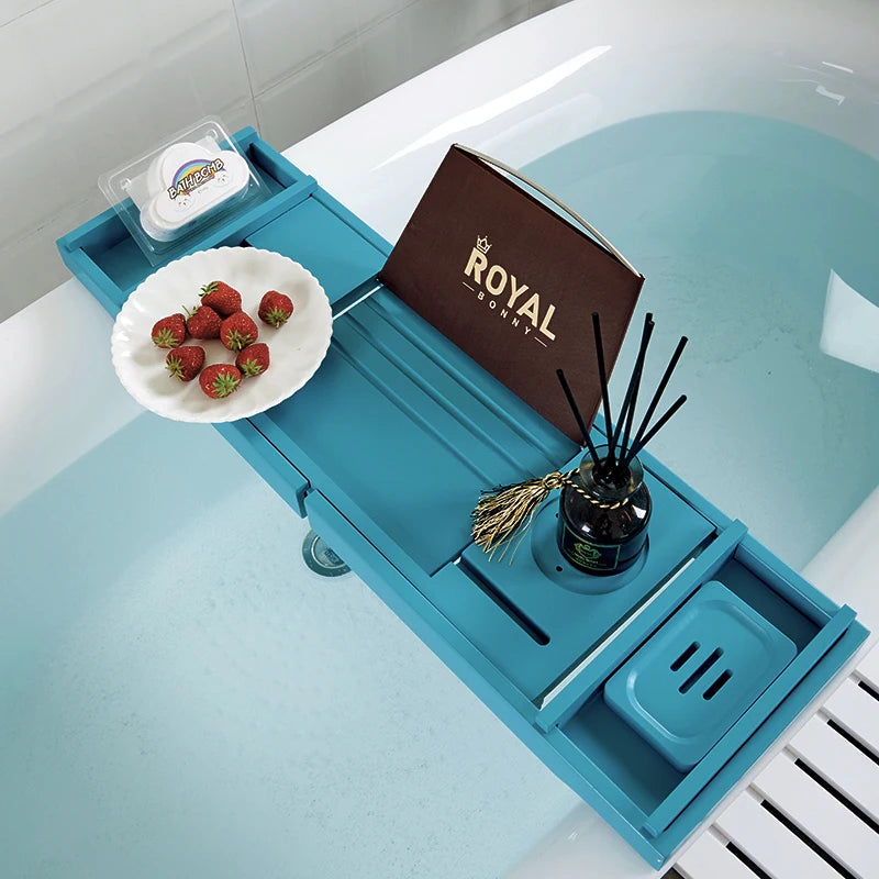 tablette bain bois bleu moderne support réglable accessoires salle bain