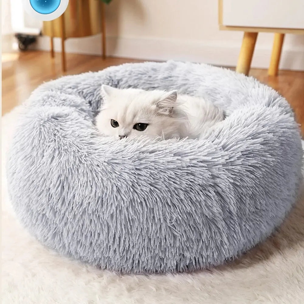 coussin peluche rond doux chat chien lit animal confortable beige gris vert