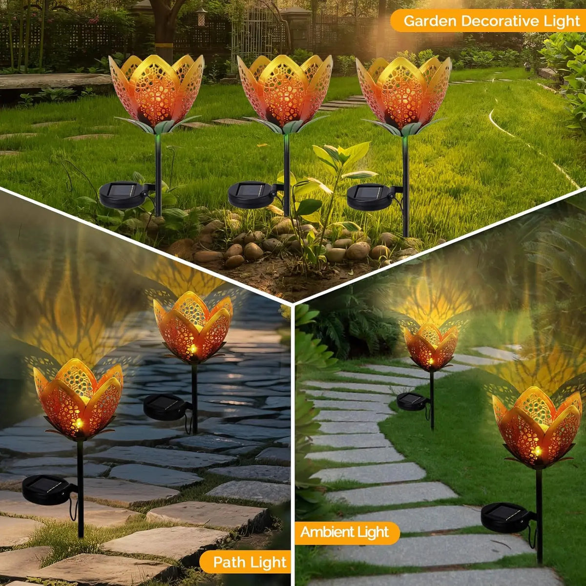 lampe solaire décorative fleurs stylisées orange doré moderne cristaux led autoinstallation patio