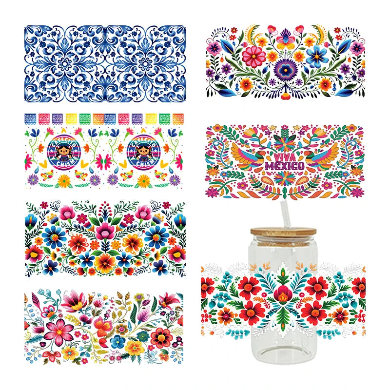 autocollants décoration diy bouteille verre fleurs colorées motifs géométriques transparents ethniques folkloriques
