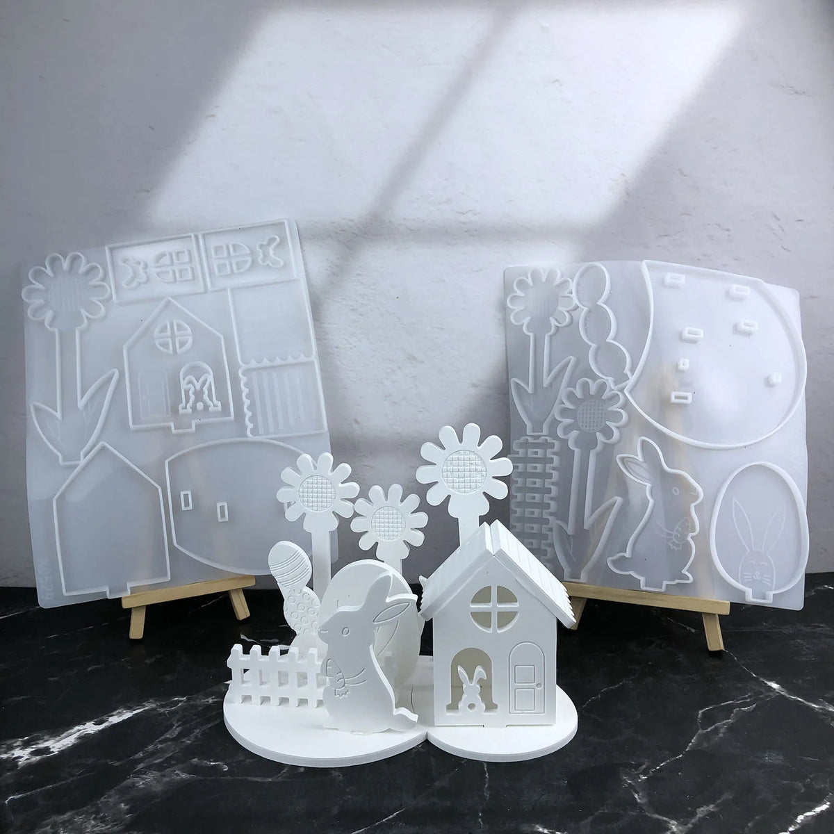 moules silicone blancs motifs maison lapins fleurs printemps pâques décorations bricolage facile utilisation