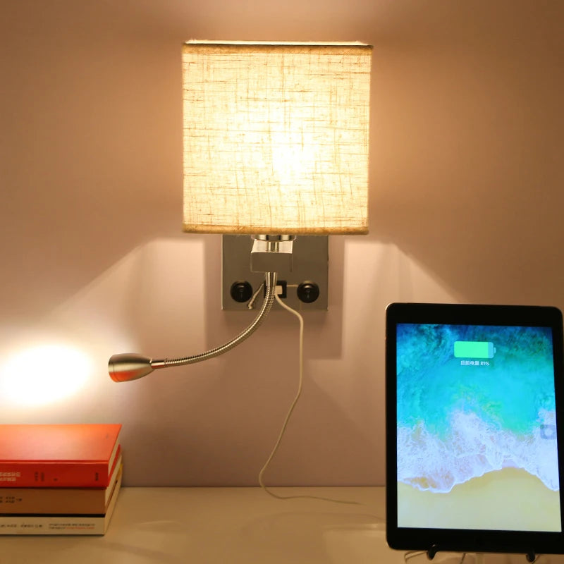 lampe murale moderne led usb interrupteur tissu blanc beige noir