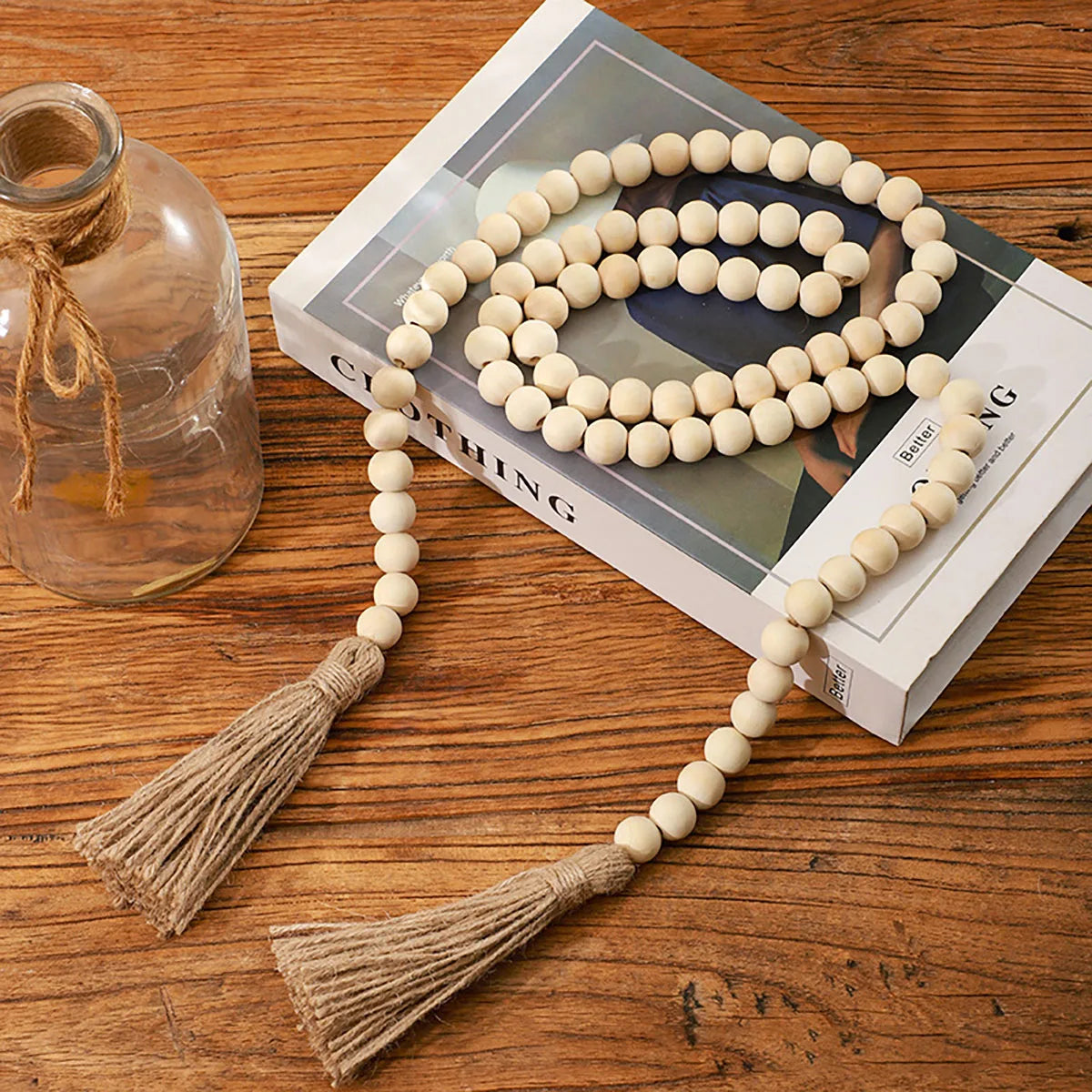bracelet boho chic bois blanc franges coton beige