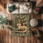 tapis dragon floral vert foncé motif arbre fleurs médiéval fantastique aubusson vert beige orange