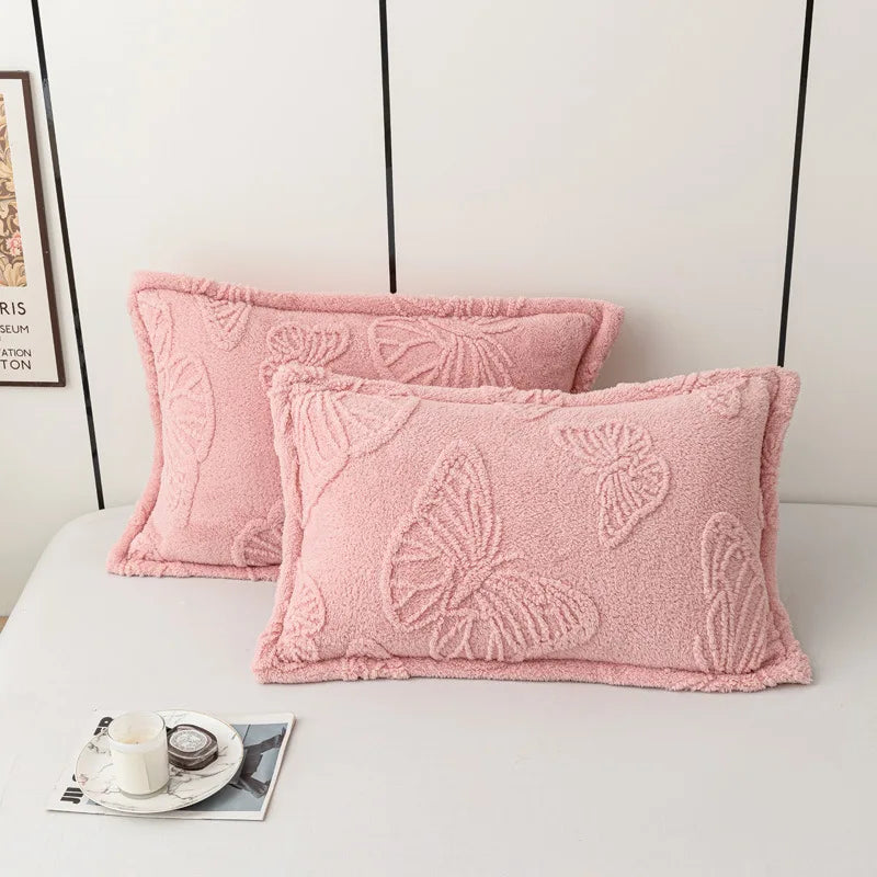 taies d'oreiller jacquard papillons brodés gris bleu rose vert beige violet modernes lit hiver