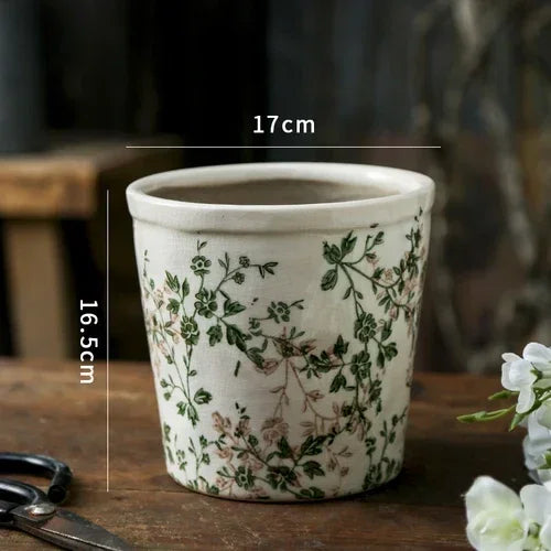 vase céramique porcelain fleurs blanches imprimées classique couleur beige verte