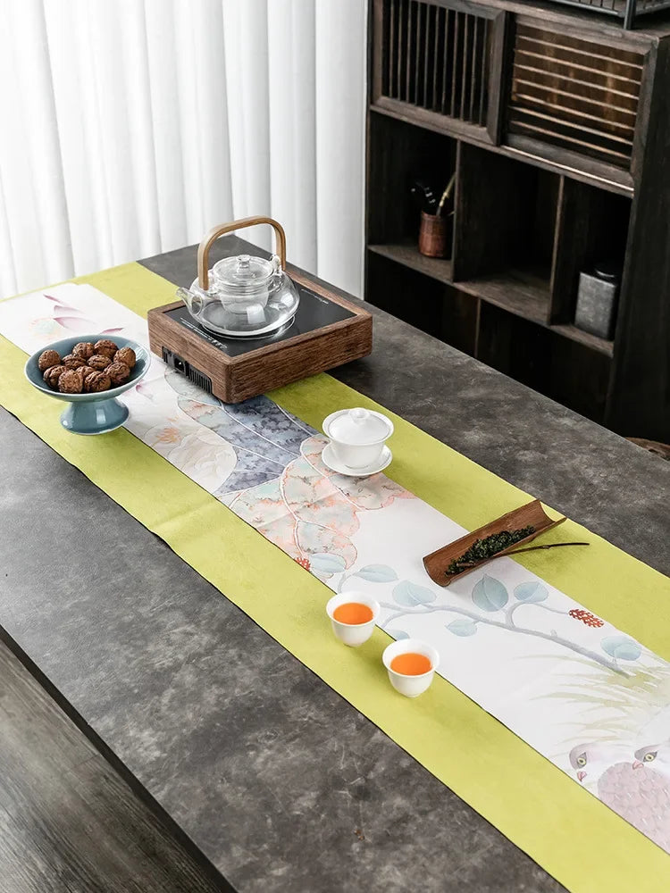 chinois moderne chemin table fleurs blanches vert bleu marine gris rose pâle polyester coton