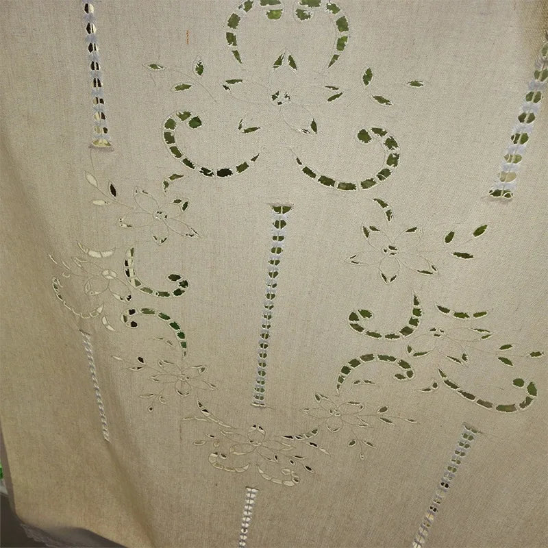 rideaux fenêtre lin beige floral semi transparent rustique franges domestique pastorale