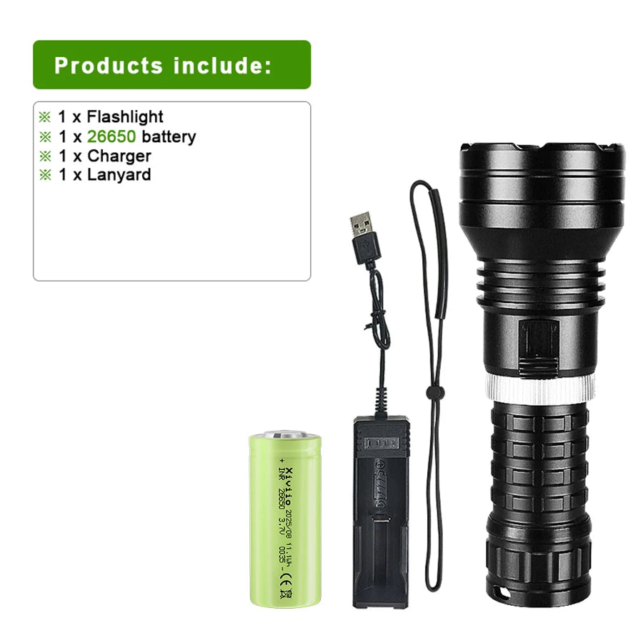 lampe torche noire led rechargeable 500m lumiere intense resistant chocs auto defense camping plongee