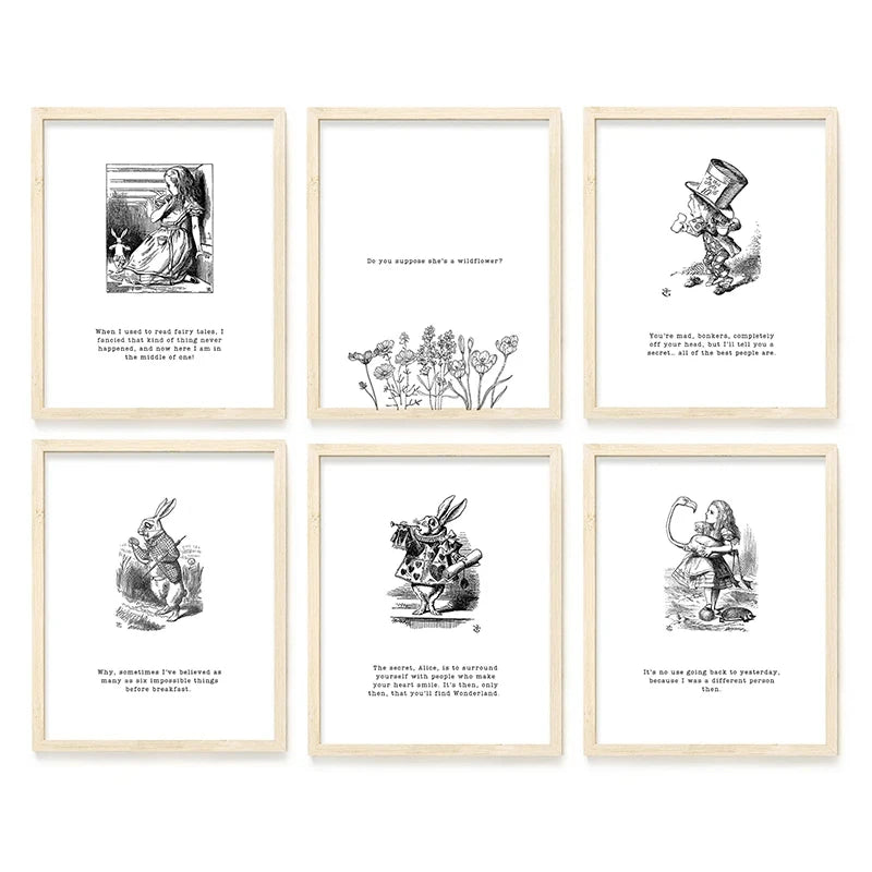 affiches noir blanc illustrations classiques cadres bois salon maison vintage aquarelle nature morte