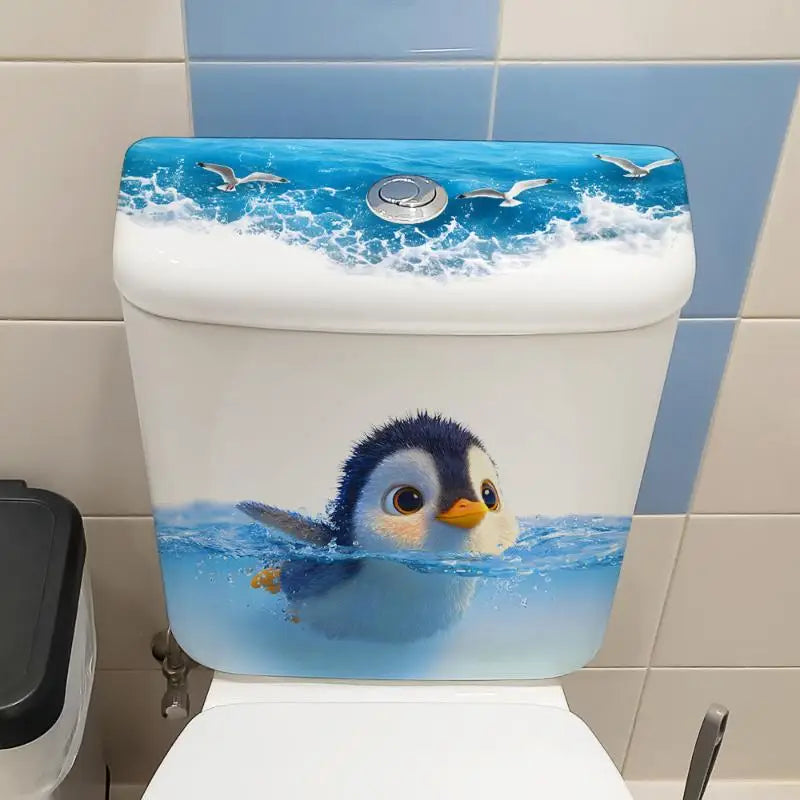 cache wc décoration pingouin océan bleu blanc illustration adhésive salle bain mignonne erotique