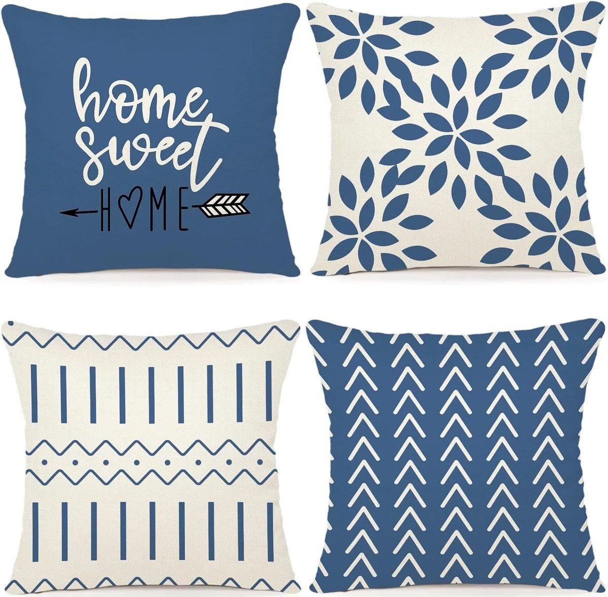housse coussin polyester motif géométrique bleu marine blanc moderne