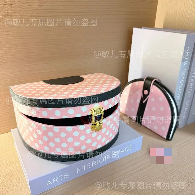 boîte bijoux miroir rose pois noir classique compartiments glissière féminine