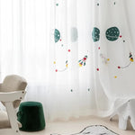 Rideau transparent brodé planètes fusées moderne enfant fenêtre polyester anneaux métalliques