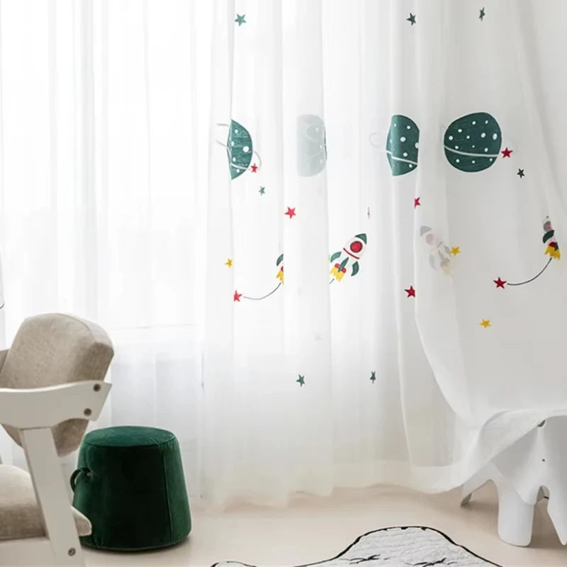 Rideau transparent brodé planètes fusées moderne enfant fenêtre polyester anneaux métalliques