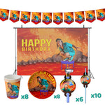 accessoires fête anniversaire gobelets pailles disques table thème sautillant happy birthday orange bleu blanc