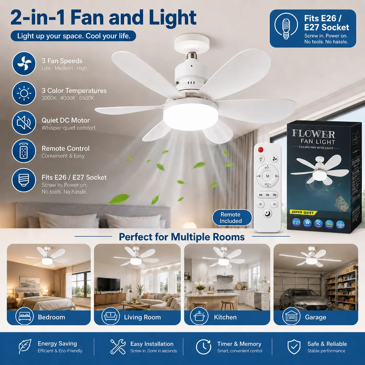 ventilateur lumière led télécommande modes blanc moderne fixations vis chambre salon