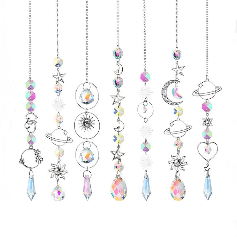 décoration murale cristal transparent multicolore lune soleil étoiles coeurs artisanal