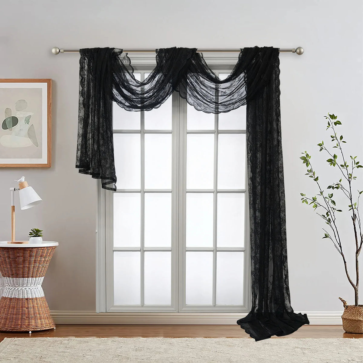 rideau dentelle noir transparent classique élégant romantique intérieur décoration fenêtre polyester