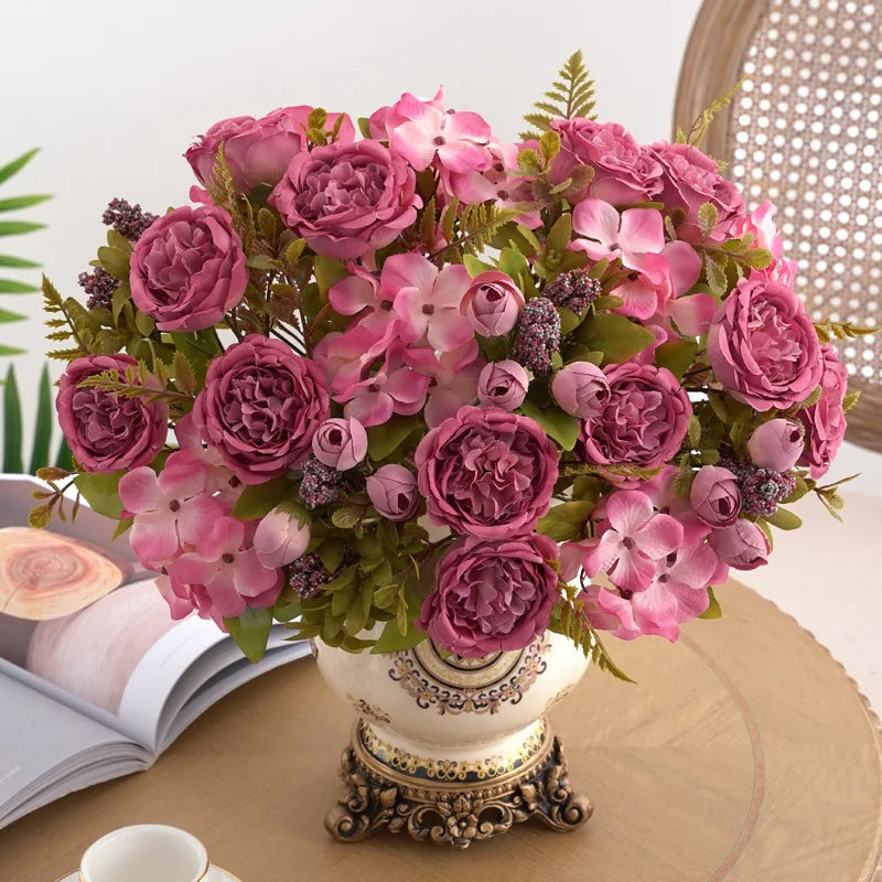 décoration intérieure bouquet artificiel pivoine rose rouge vert mariage anniversaire soie classique