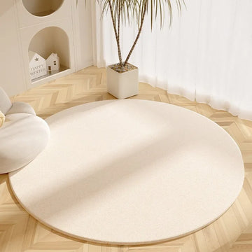 tapis rond beige clair texture tissée bordure blanche moderne décoration maison chambre salon