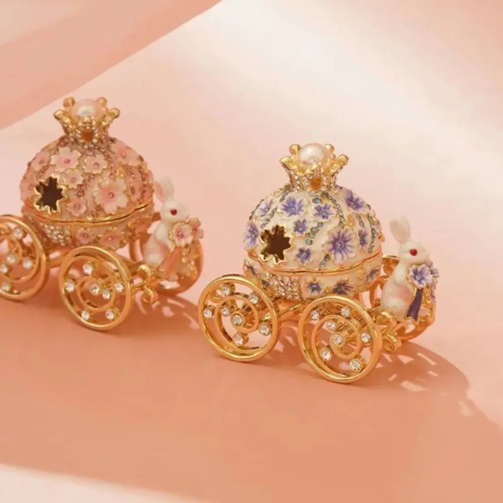 coffret bijoux coche miniature fleurs strass lapin or rose blanc bleu vintage