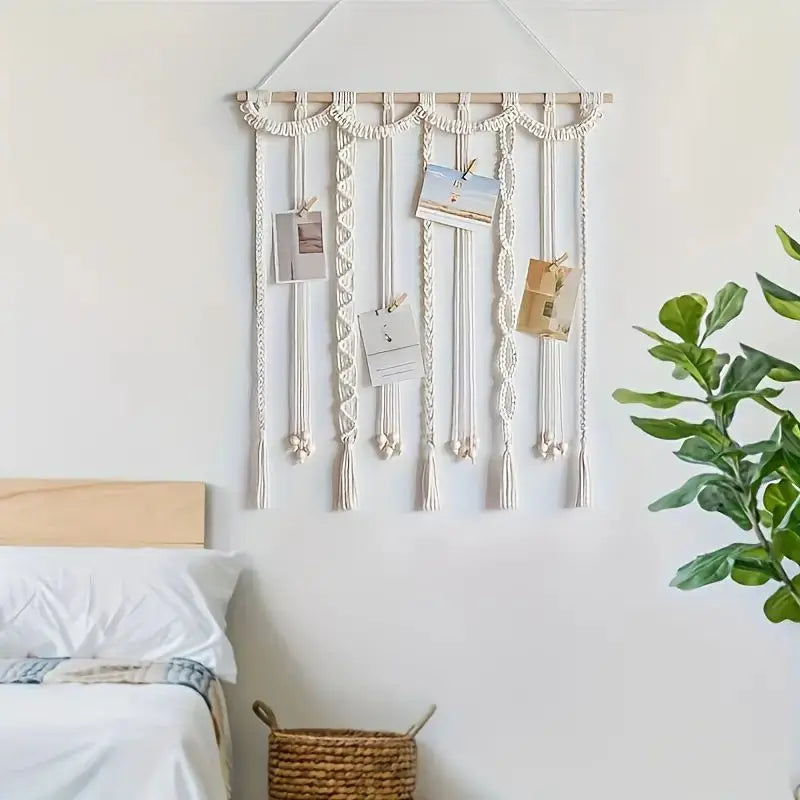 cadre mural macramé boho blanc motifs géométriques clips bois photos notes peigne