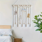cadre mural macramé boho blanc motifs géométriques clips bois photos notes peigne