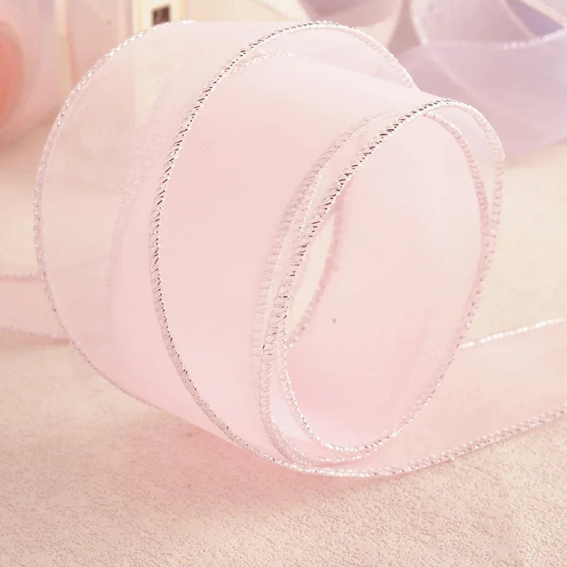 ruban polyester bordure brillante élégant semi transparent couleur unie rose clair bleu clair violet