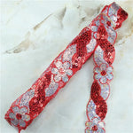 ruban décoratif dentelle sequins fleurs 4cm bleu vert rouge rose or argent partie