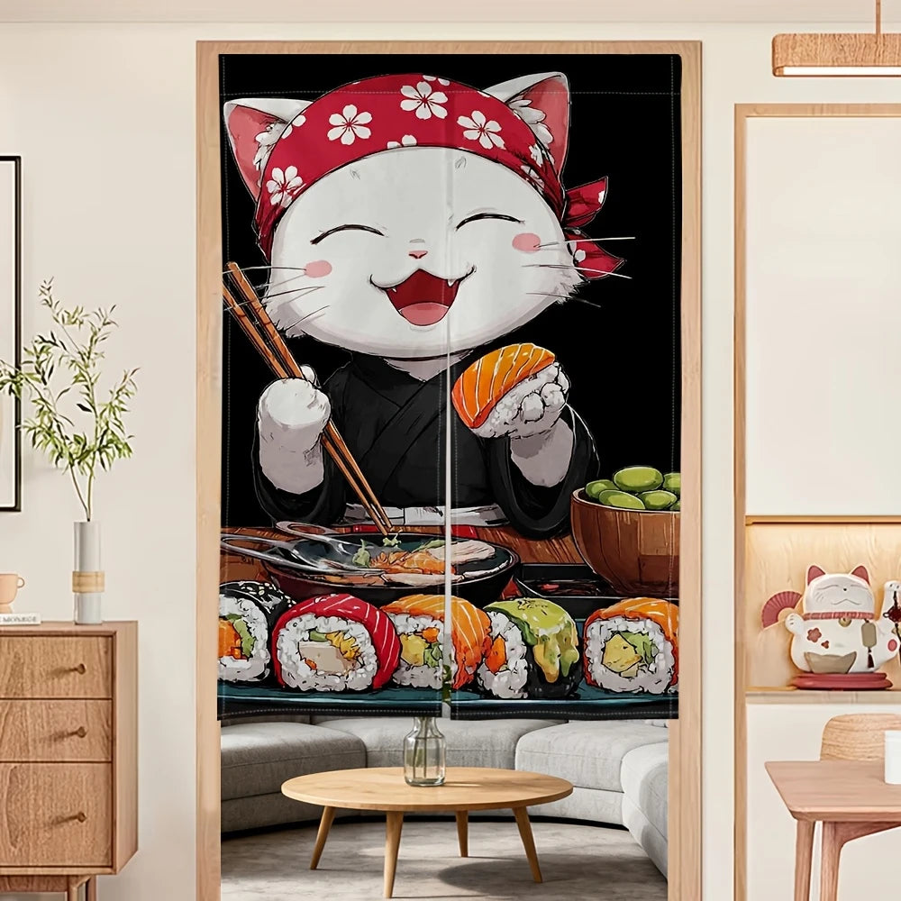 rideau cuisine japonais dessin animé chats souriants sushi floral polyester durable