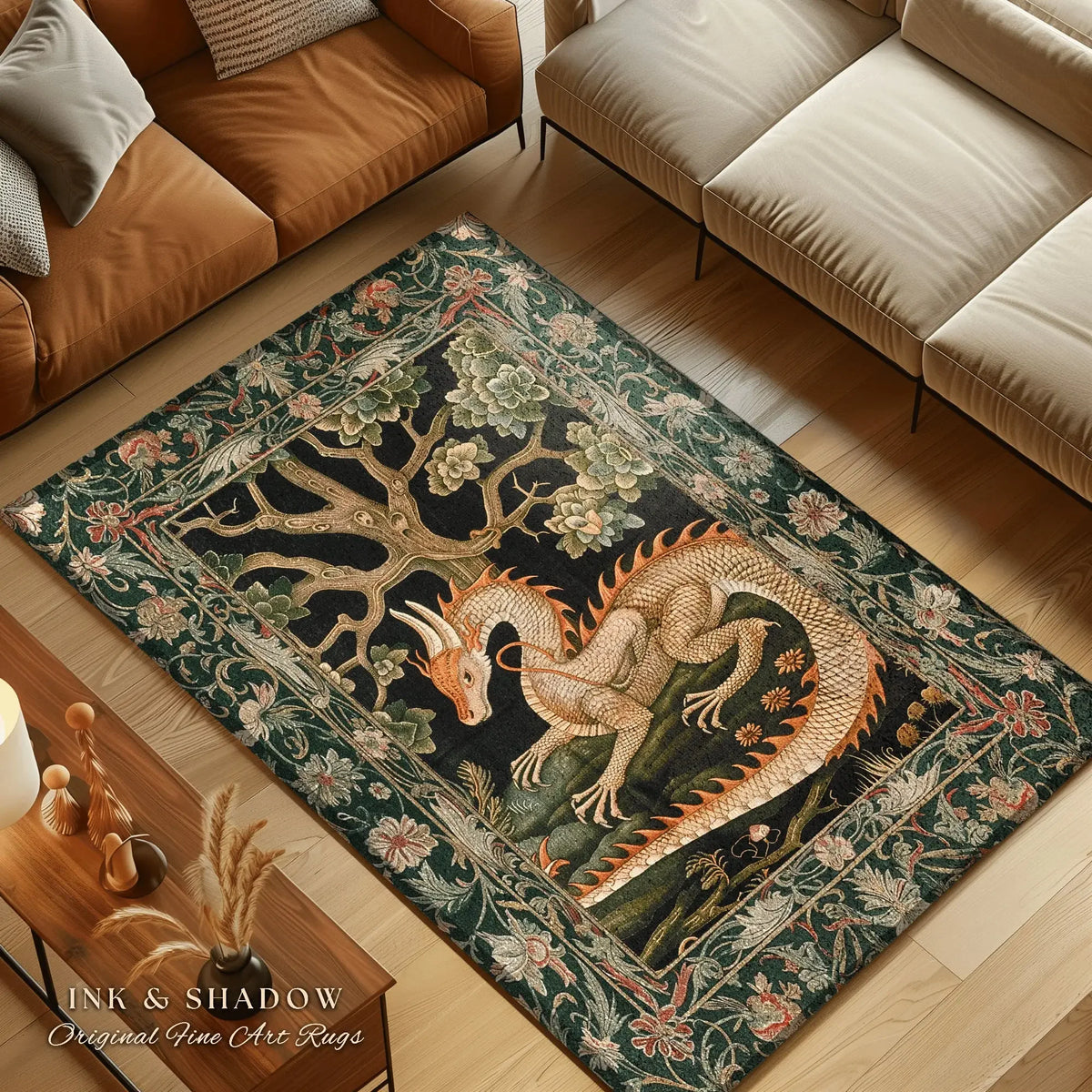 tapis dragon floral vert foncé motif arbre fleurs médiéval fantastique aubusson vert beige orange