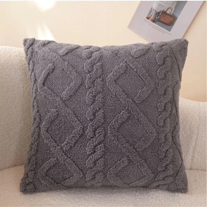 taies oreiller peluche jacquard géométrique couleurs rose beige bleu moderne salon chambre lit