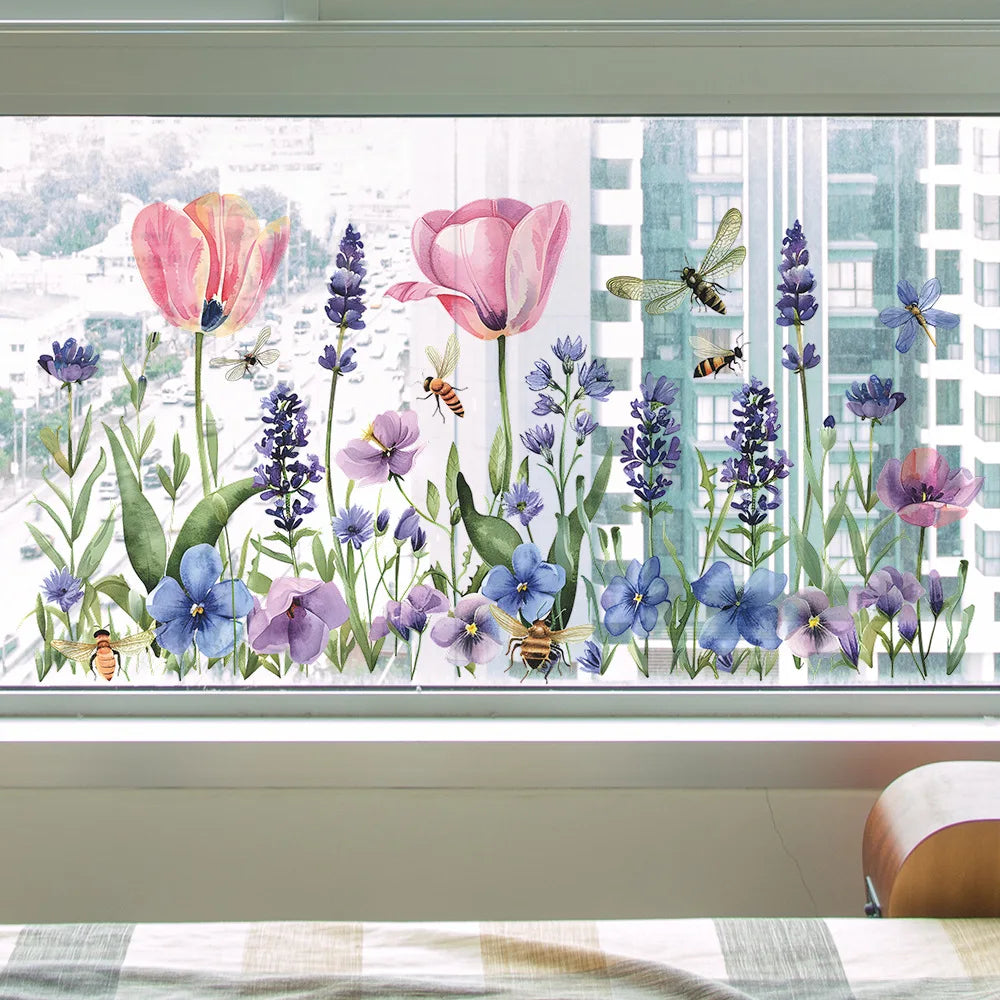 sticker mural fleurs insectes rose violet bleu vert illustration adhésif chambre enfant salon deco