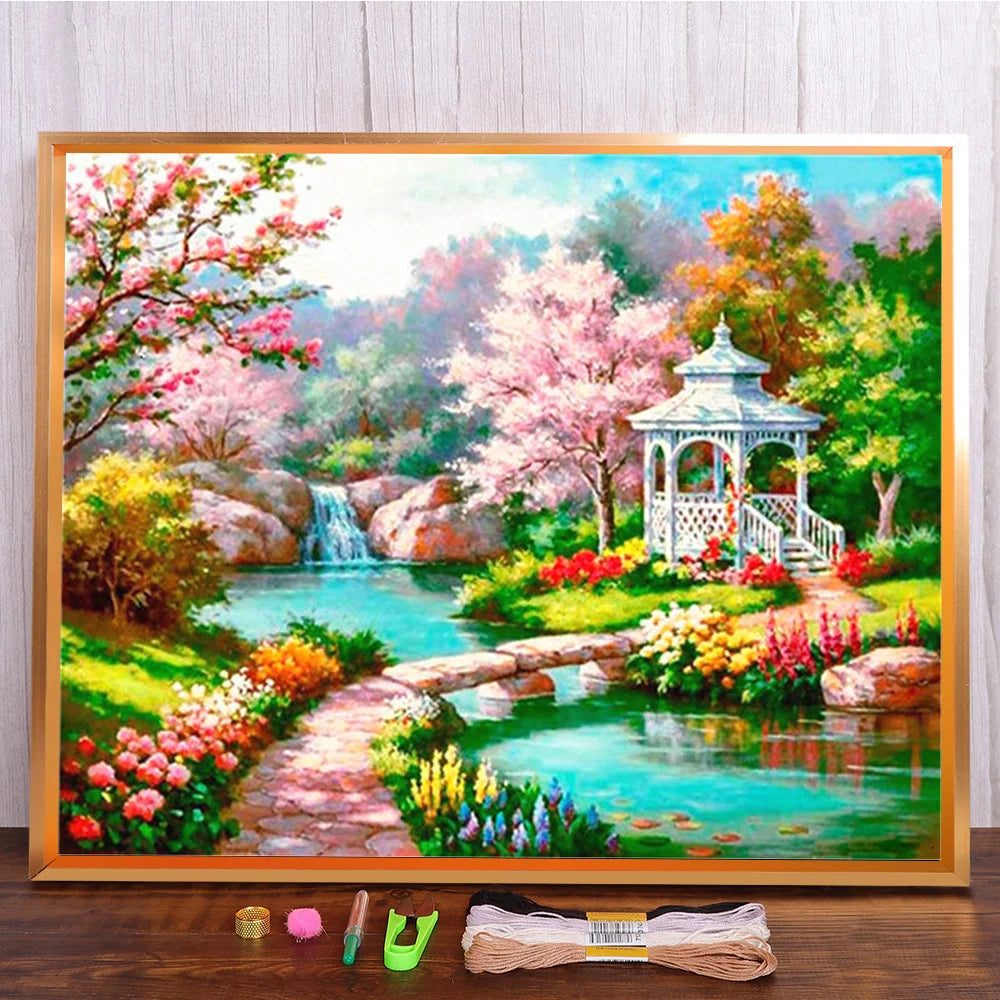 broderie paysage fleurs feuilles multicolore artisanal toile coton fil aiguille guide couleurs échantillons
