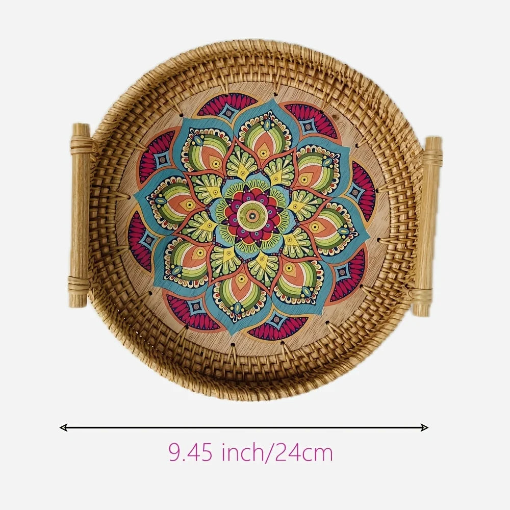 assiettes rotin motifs floraux colorés poignées bambou ethnique artisanal large medium small
