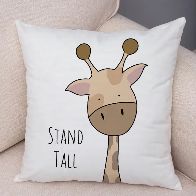 taies d'oreiller animaux girafe lion hippopotame cartoon couleurs positives be brave be unique