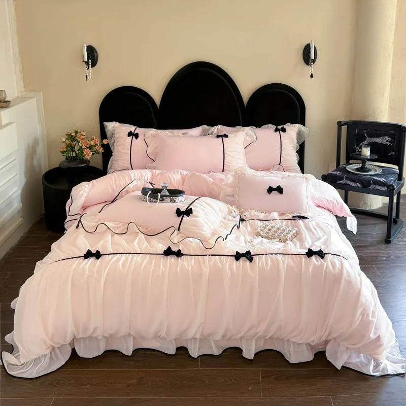 housse couette rose nœuds taies d'oreiller velours noir ruffles romantique chambre coucher literie polyester