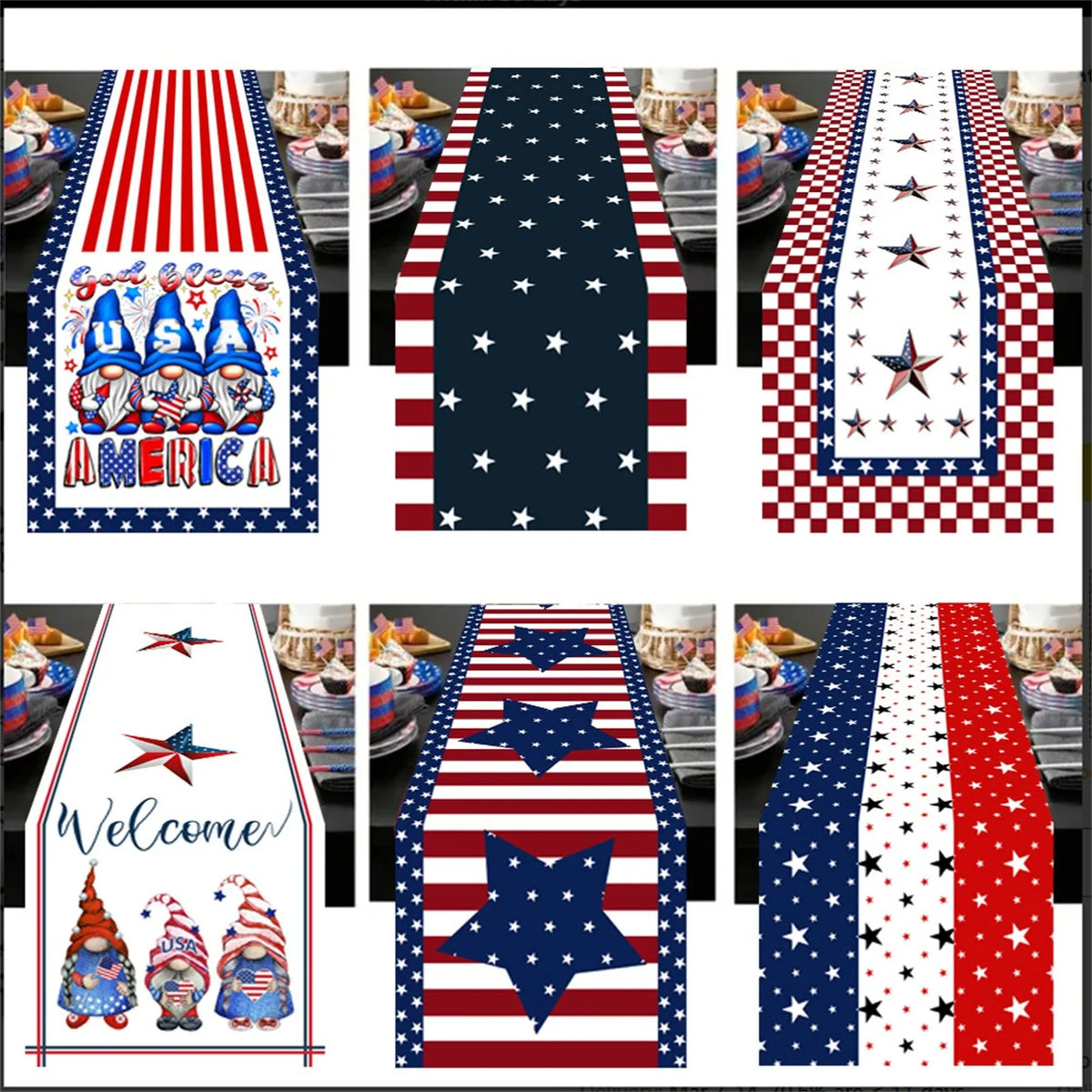 nappe rectangulaire rouge blanche bleue étoiles gnomes God Bless America 4th July Independence Day