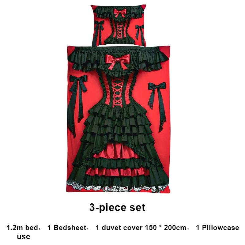 ensemble literie drap housse couette taies oreillers rouge noir gris clair motifs volants rubans