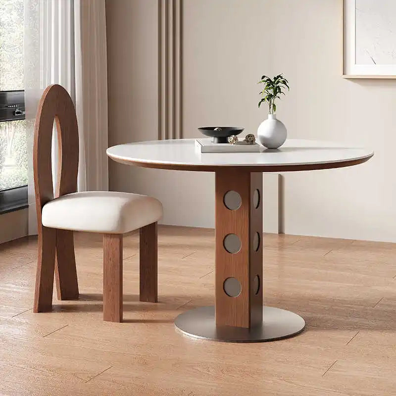 table ronde bois moderne 80cm diamètre 75cm hauteur marron points blancs pied centralisée